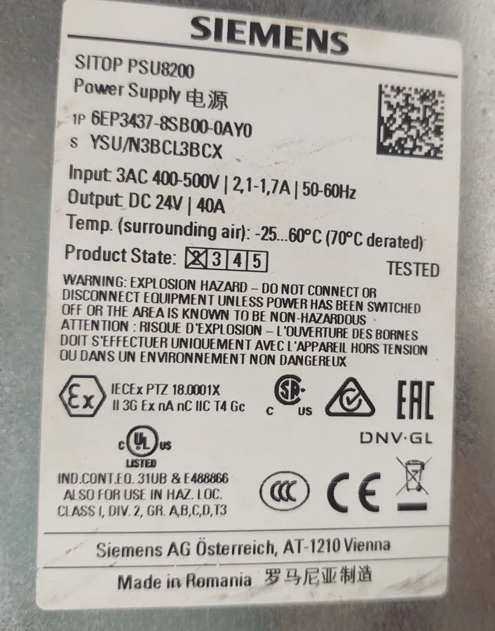 Блок питания Siemens 6EP3437-8SB00-0AY0 24VDC 40A Power Supply, SITOP PSU8200