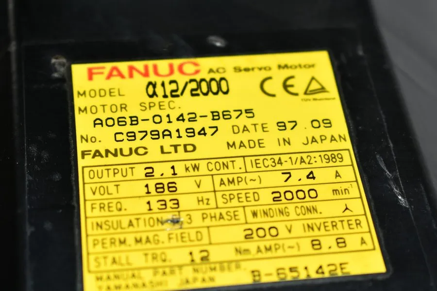 Серводвигатель Fanuc A06B-0142-B675 A12/2000 AC Servo Motor A64 2000 RPM 2.1KW 7