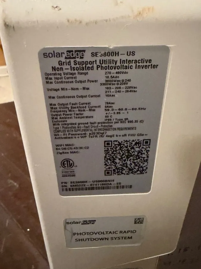 Инвертор SolarEdge Single Phase 3800W Inverter SE3800H-US000BNI4