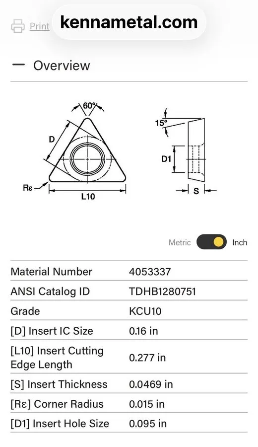 Режущий инструмент Kennametal TDHB1280751 KCU10 60 Deg Triangle Carbide Insert I — фото лота 2