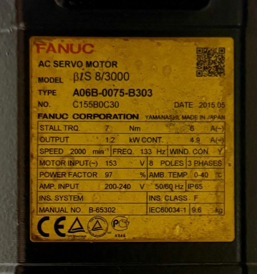 Серводвигатель Fanuc A06B-0075-B303 AC Servo Motor 1.2kw 153V 2000rpm — фото лота 2
