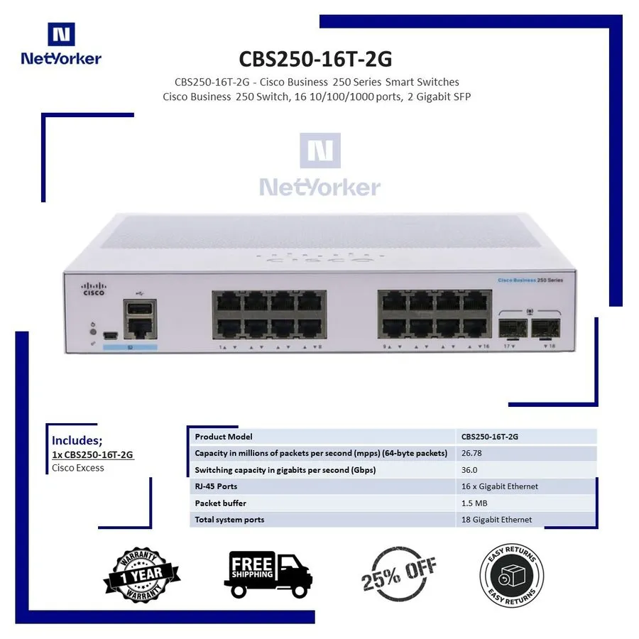 Коммутатор Cisco Refresh CBS250-16T-2G 16 Port Gigabit Ethernet Switch