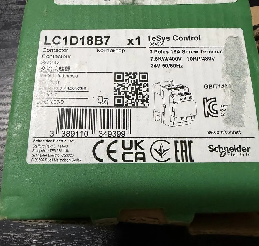 Контактор Schneider Electric TeSys Control IEC Contactor LC1D18B7 24V AC 18A 3-P