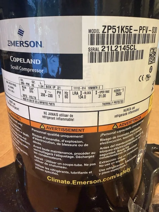 Компрессор Copeland ZP51K5E-PFV-830 Scroll Compressor 1 PH 230V