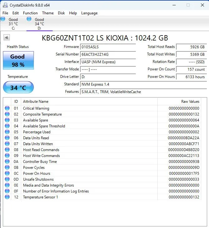 SSD-накопитель KIOXIA SSD 1TB Nvme SSD M.2 2242 KBG60ZNT1T02 #1532