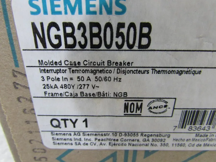 Автоматический выключатель Siemens NGB3B050B 50A 3-Pole 480V Molded Case Circuit