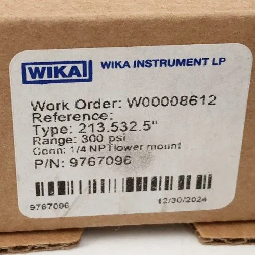Трубопроводная арматура WIKA 300PSI 1/4" NPT PRESSURE GAUGE 213.53 9767096