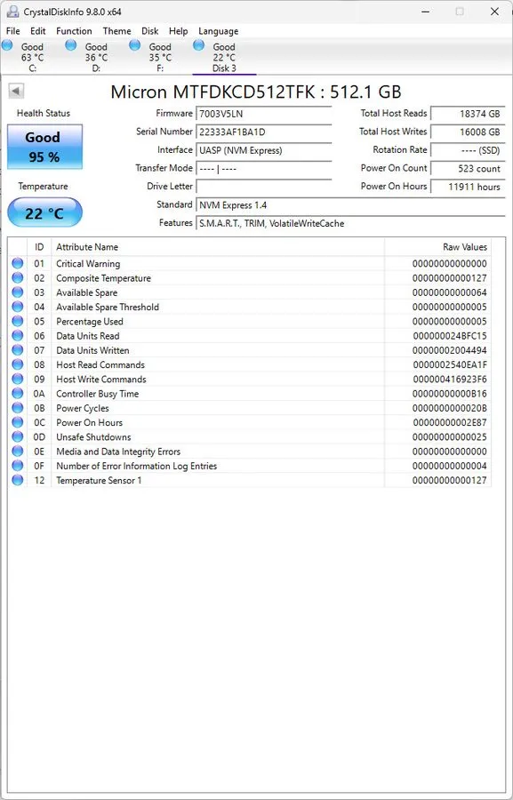 SSD-накопитель Micron 2450 512GB M.2 2242 PCIe Gen4 x4 NVMe SSD MTFDKCD512TFK 96