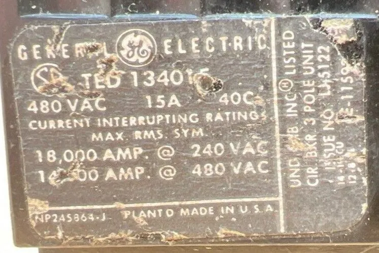 Автоматический выключатель GE TED134015 15A 3-Pole 480V AC E-Frame Circuit Break