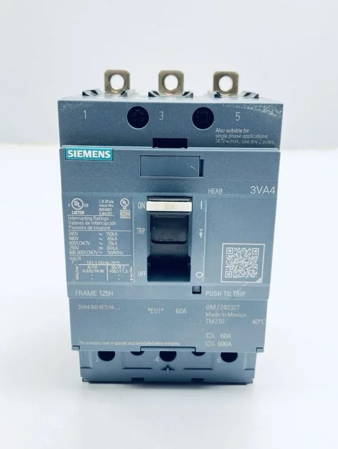 Автоматический выключатель Siemens 60 Amp Bolt-On Circuit Breaker 480 VAC 3 Pole — фото лота 1