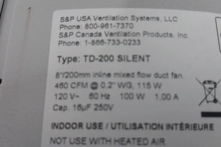 Вентилятор Soler & Palau TD-200S 8 In Duct Diameter 120VAC 530 CFM In-Line Duct 