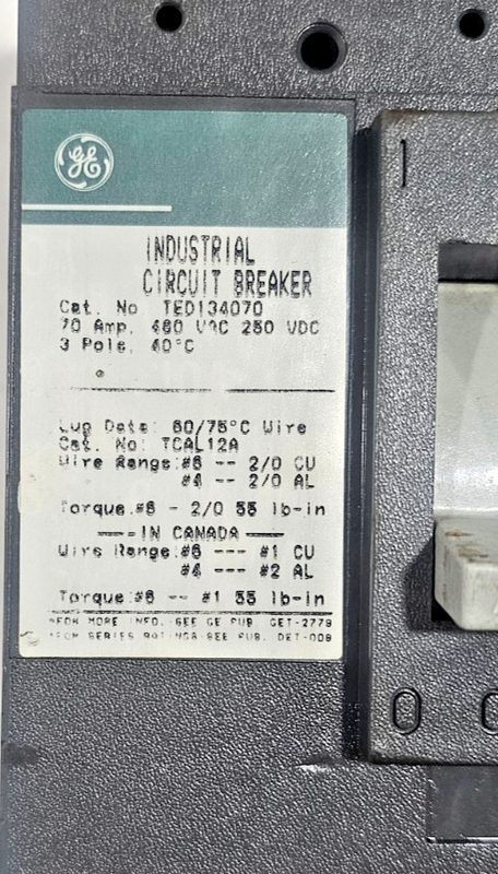 Автоматический выключатель GE TED134070 Circuit Breaker W/ Shunt Trip 70A 3P 480 — фото лота 2