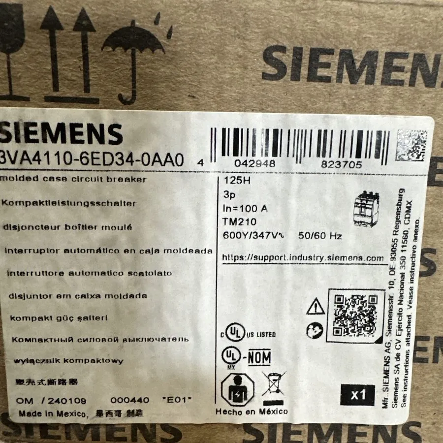 Автоматический выключатель Siemens 3VA4110-6ED34-0AA0 100 Amp 600Y/347 VAC 3 Pol