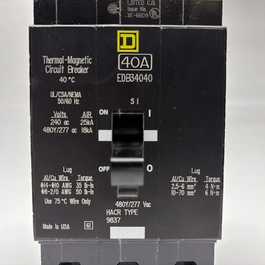 Автоматический выключатель Square D EDB34040 40A 480V 3-Pole Molded Case Circuit — фото лота 1