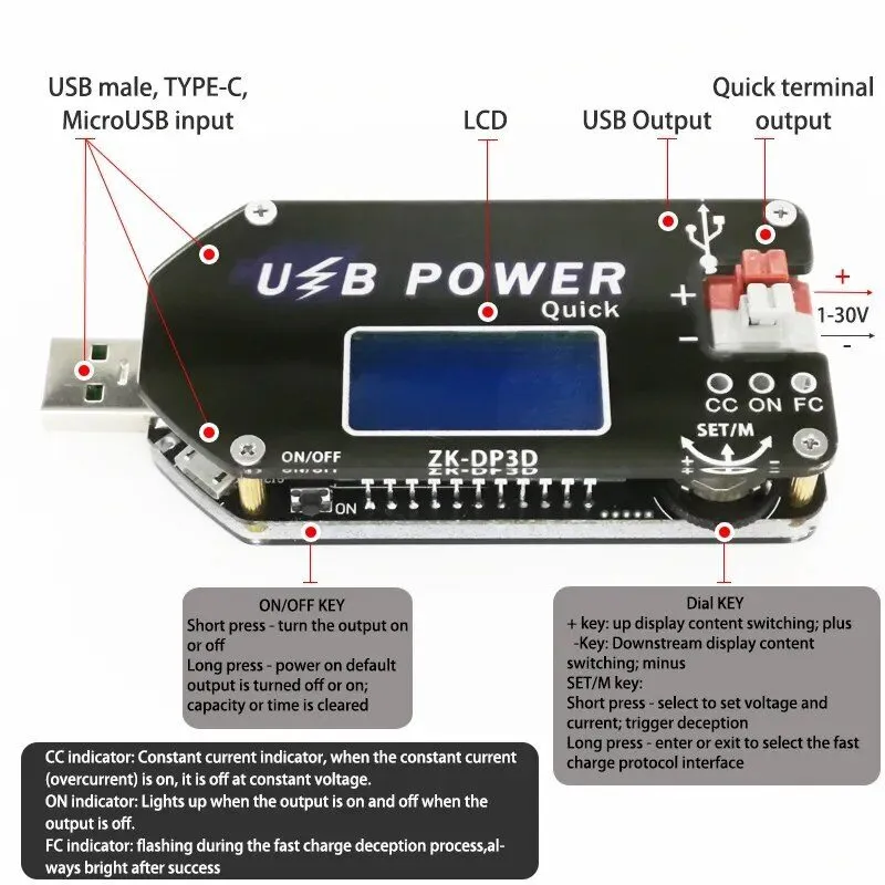 Модуль ZK-DP3D CNC Digital USB TYEPE-C DC Converter CC CV 1-30V 2A 15W Power Mod