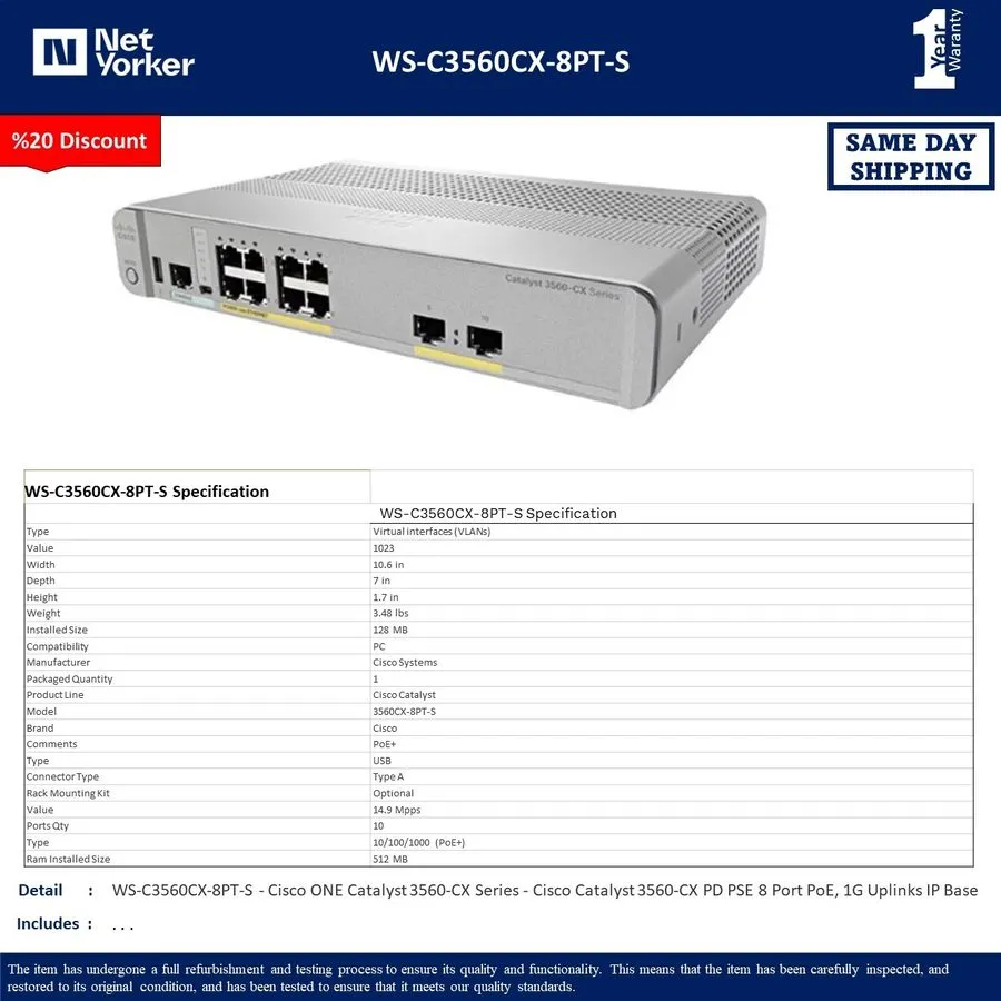 Коммутатор Cisco Catalyst WS-C3560CX-8PT-S 3560CX Series 8 Ge Poe+ Ip Base Switc