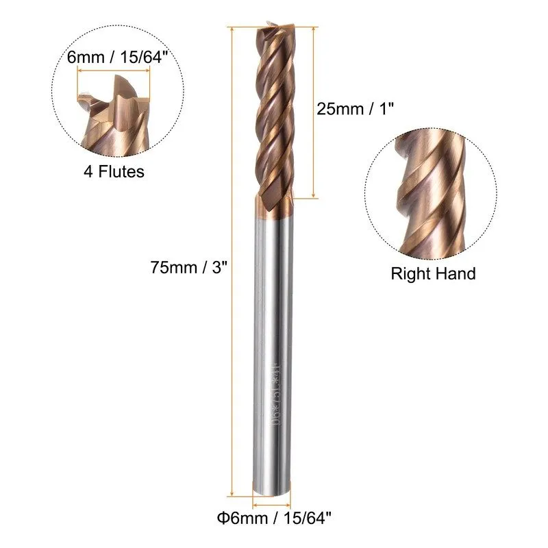 Режущий инструмент Carbide Square End Mill 6mmx25mmx6mmx75mm TiSiN Coated 4 Flut — фото лота 1