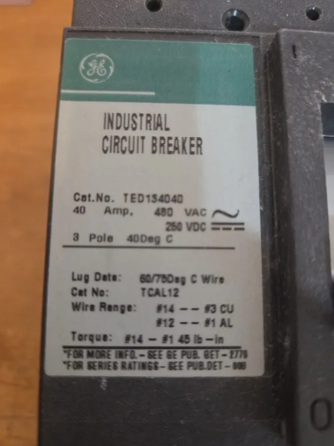 Автоматический выключатель General Electric GE TED134040WL 3p 40a 480v Circuit B