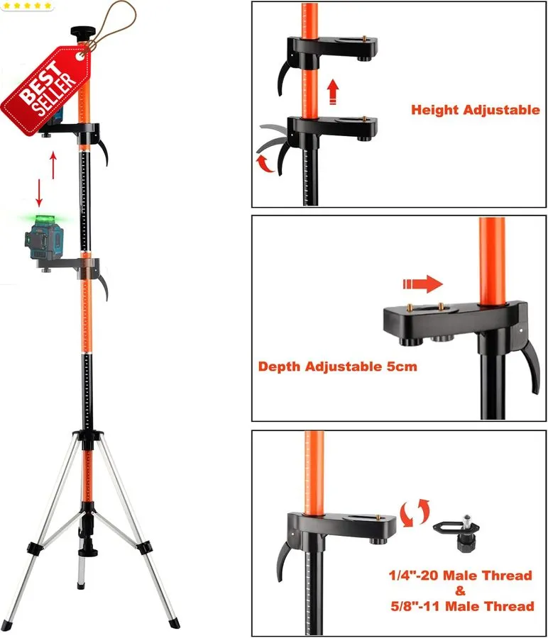 Нивелир 12FT Laser Level Pole Tripod Telescoping Stand 1/4 5/8 Adapter Flp370B U — фото лота 2