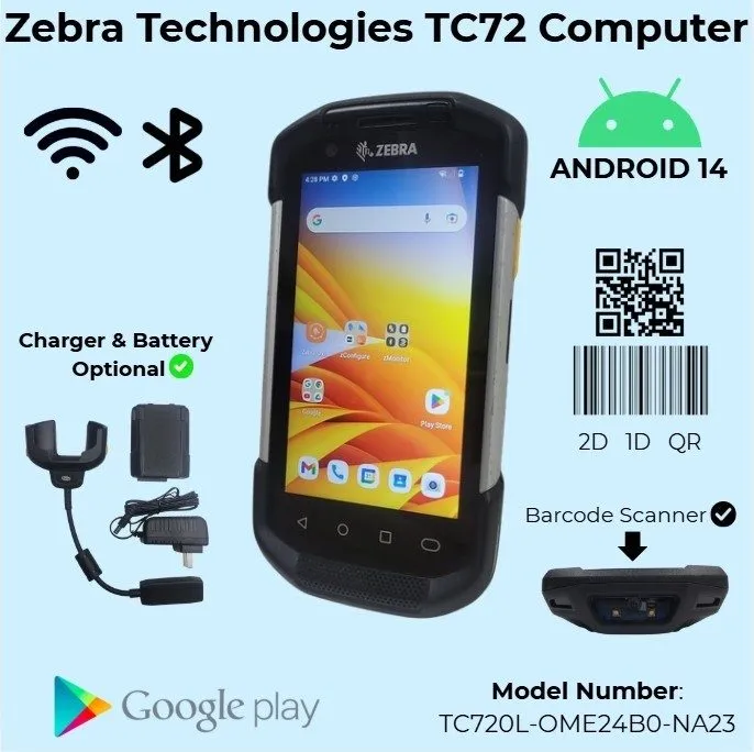 Сканер штрих-кода Zebra TC72 Android 14 1D/2D/QR Scanner TC720L-0ME24B0-NA — фото лота 1