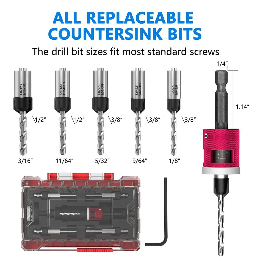 Режущий инструмент 1/4 Hex Shank Countersink Drill Bit Set Adjustable Depth Stop — фото лота 1