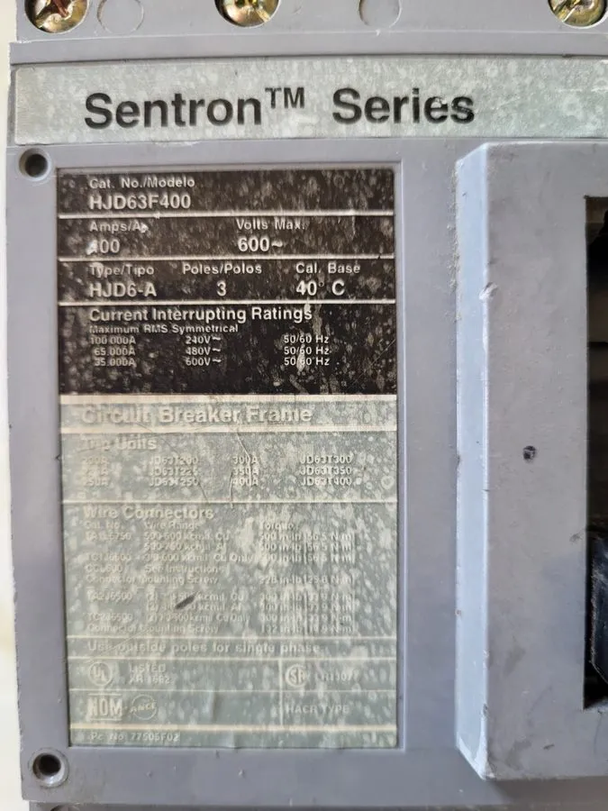 Автоматический выключатель Siemens Sentron Series HJD63F400 Circuit Breaker 400A — фото лота 1