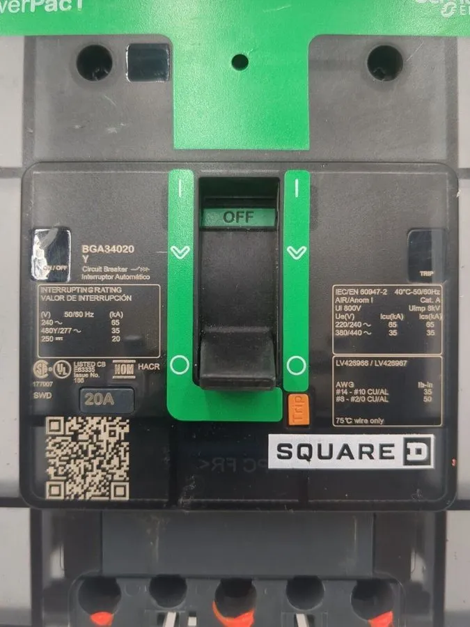 Автоматический выключатель Square D BGA34020Y PowerPact 20A 3-Pole 480V I-Line C