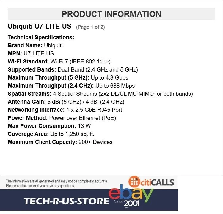 Точка доступа Wi-Fi Ubiquiti UniFi U7 Lite (U7-LITE-US) Wi-Fi 7 Dual-band 2.5GbE