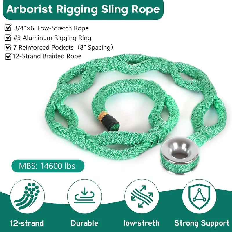 Строп Rigging Ring Sling Rope, Arborist Rope 3/4"×6' w/ 14600 lbs 7-Pocket Adjus