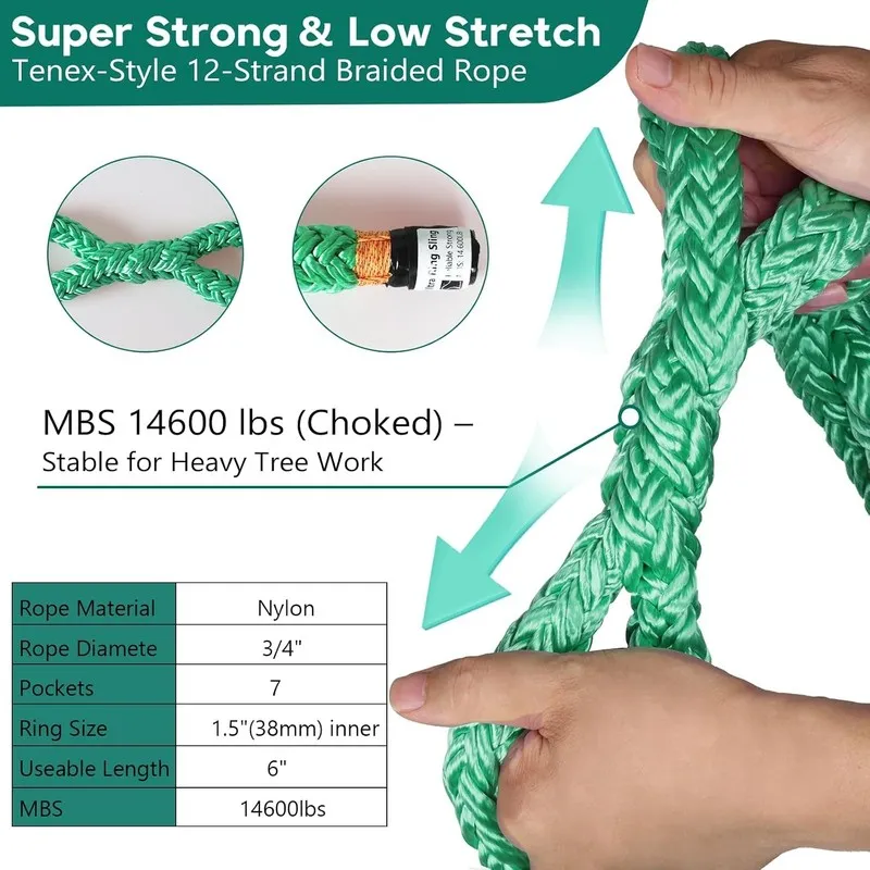 Строп Rigging Ring Sling Rope, Arborist Rope 3/4"×6' w/ 14600 lbs 7-Pocket Adjus — фото лота 2