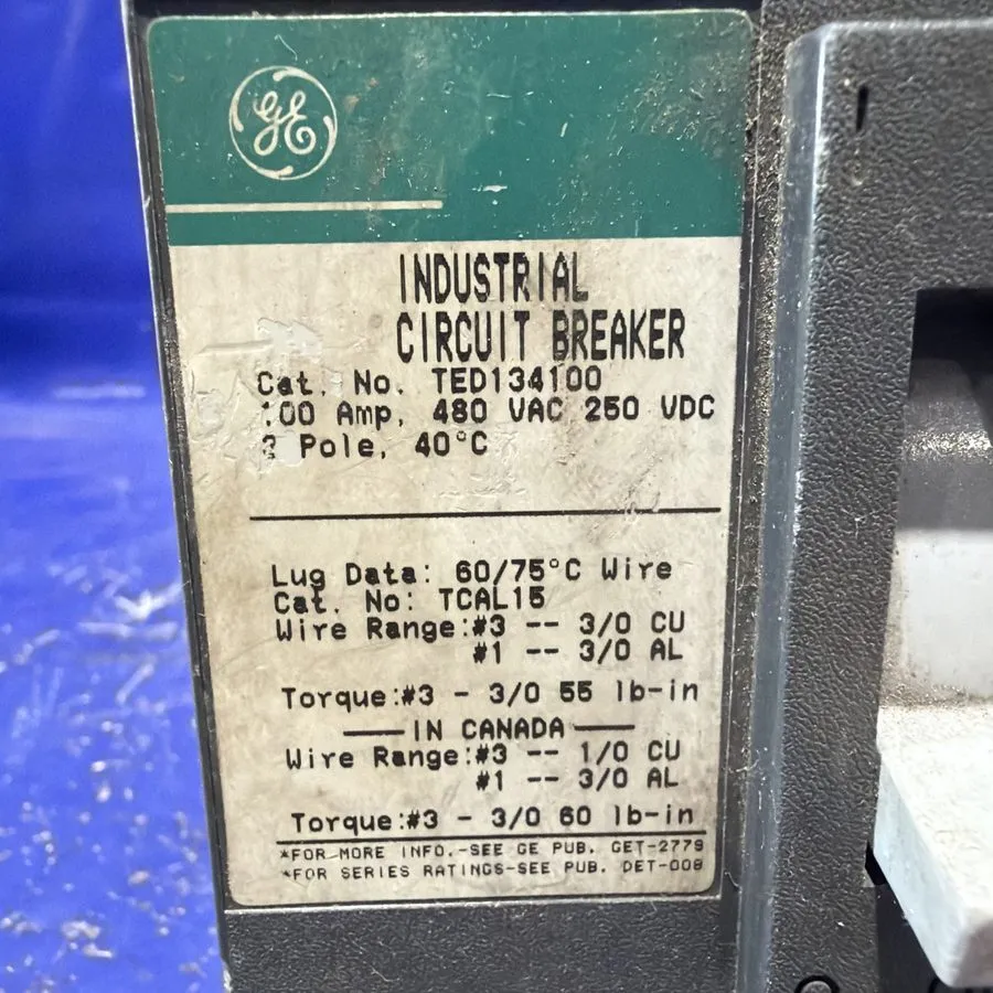 Автоматический выключатель GE Circuit Breaker TED134100WL 100A 3 Pole TED134100 