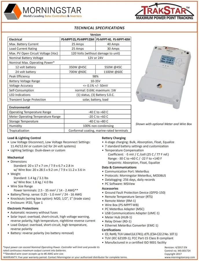 Аккумулятор Morningstar PS-MPPT-40 ProStar MPPT 40A Solar Charge Controller with — фото лота 1