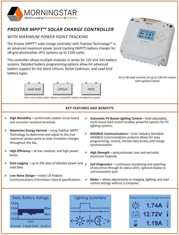 Аккумулятор Morningstar PS-MPPT-40 ProStar MPPT 40A Solar Charge Controller with — фото лота 2