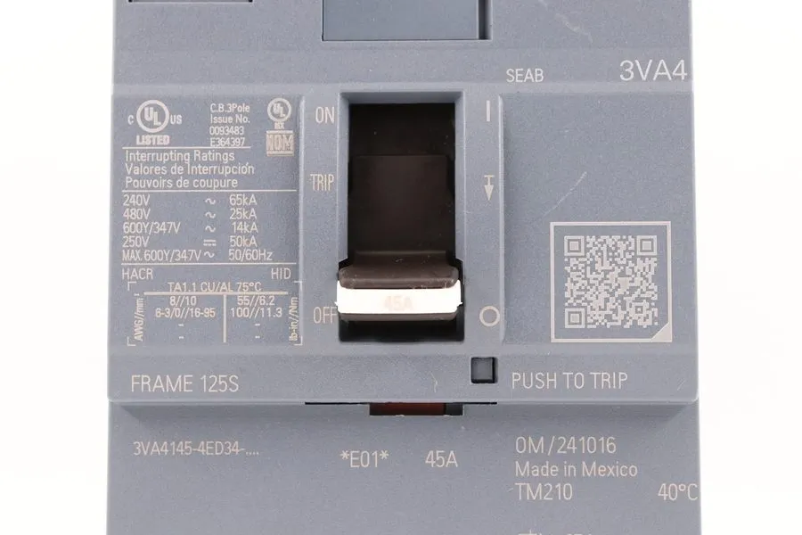 Автоматический выключатель SIEMENS BREAKER CAT: 3VA4145-4ED34-0AA0 45A 600V 3PH