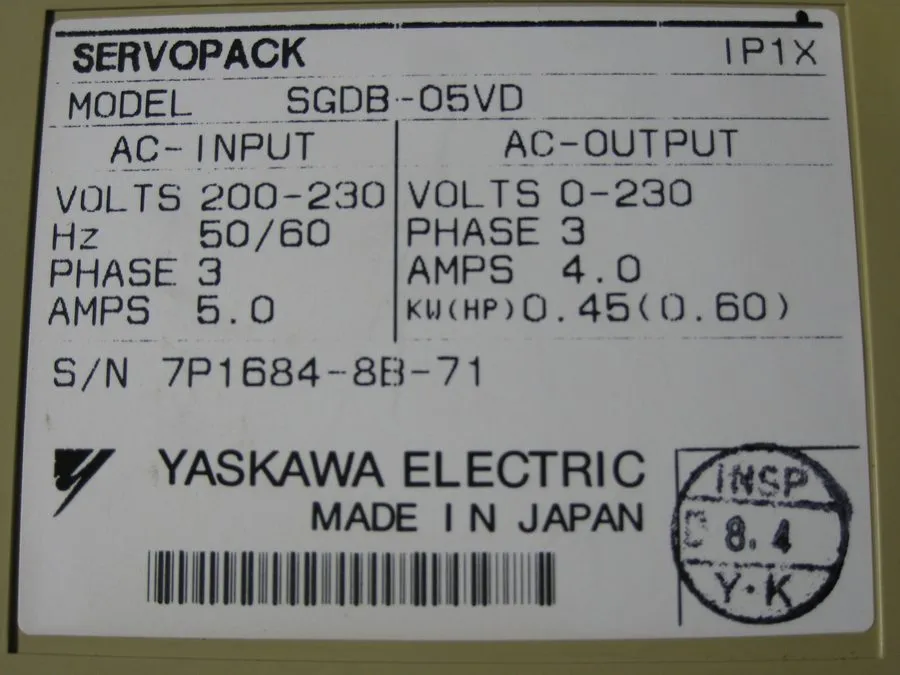 Сервопривод Yaskawa SGDB-05VD Servopack Servo Drive 200-230VAC 0-230VAC 3PH 0.60