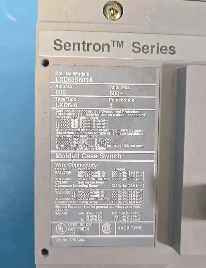Автоматический выключатель SIEMENS SENTRON BREAKER LXD63S600A 600A 600 A AMP 600