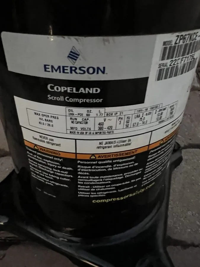 Компрессор COPELAND SCROLL COMPRESSOR model ZP67KCE TFd 830 -year 2022-460v 3 ph
