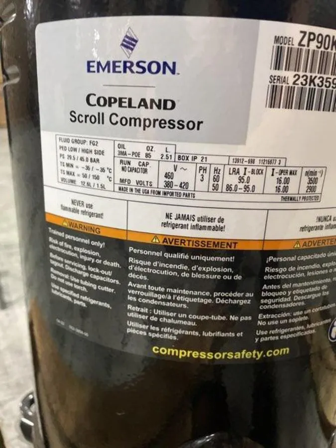 Компрессор Copeland ZP90KCETFD250 Commercial 7.5 Ton AC Scroll Compressor 380-42 — фото лота 1