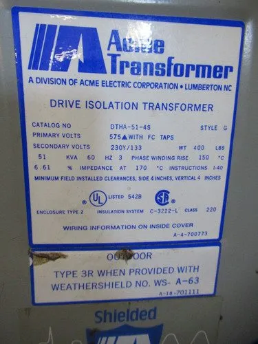 Трансформатор Acme DTHA-51-4S 51 KVA 575X230/133V Drive Isolation Transformer (N — фото лота 1