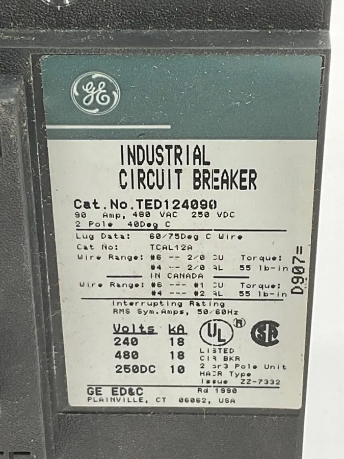 Автоматический выключатель GE TED124090 Circuit Breaker 90A 480V 2P Type TED