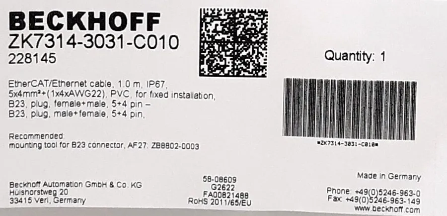 Кабель Beckhoff ZK7314-3031-C010 Cable