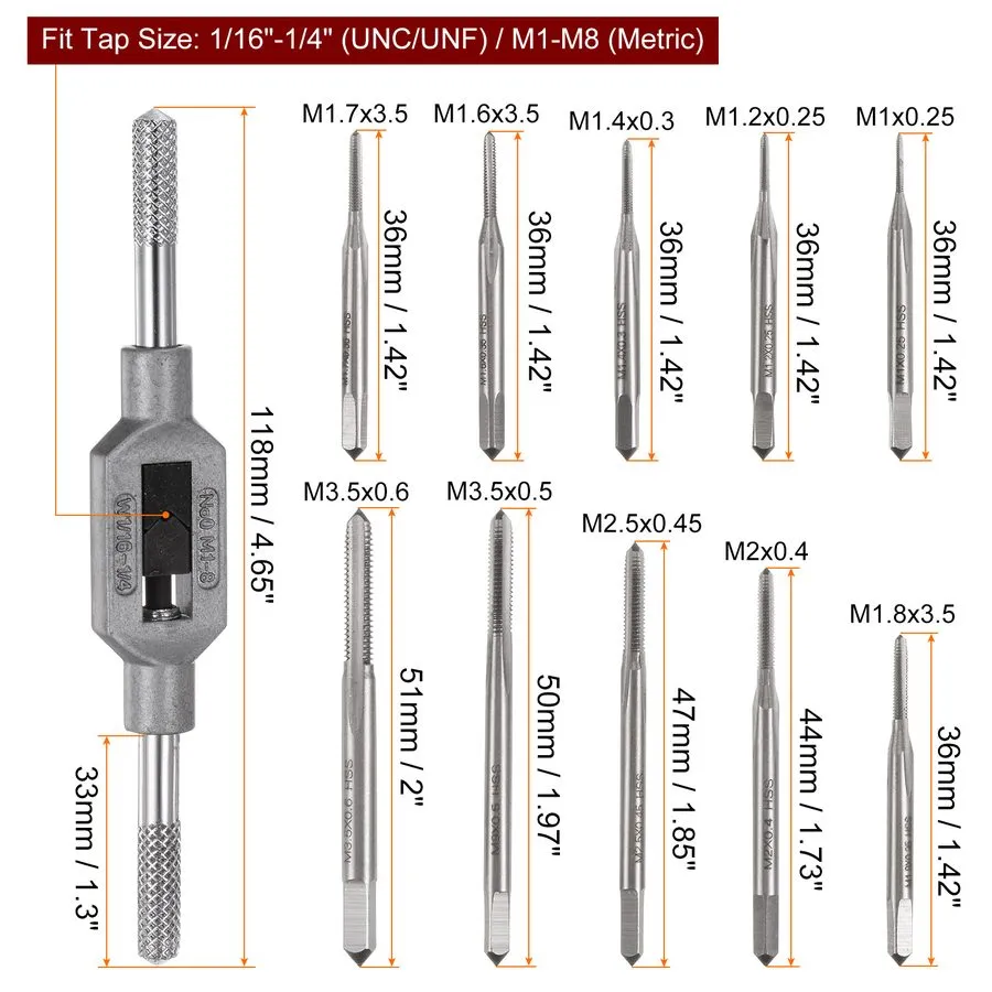 Режущий инструмент SMJXTOP Micro Metric Taps Bits Set with Tap Wrench,M1-M3.5 Mi