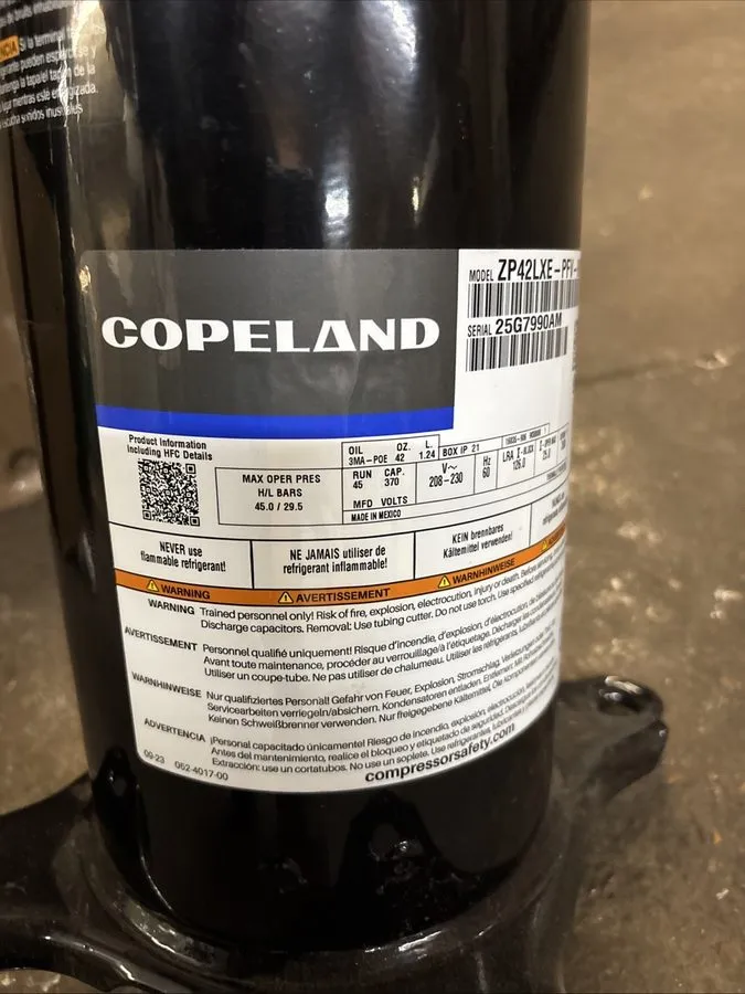 Компрессор COPELAND ZP42LXE-PFV-800 42k BTU 3.5 1Phase 208- 230 Scroll Compresso — фото лота 1