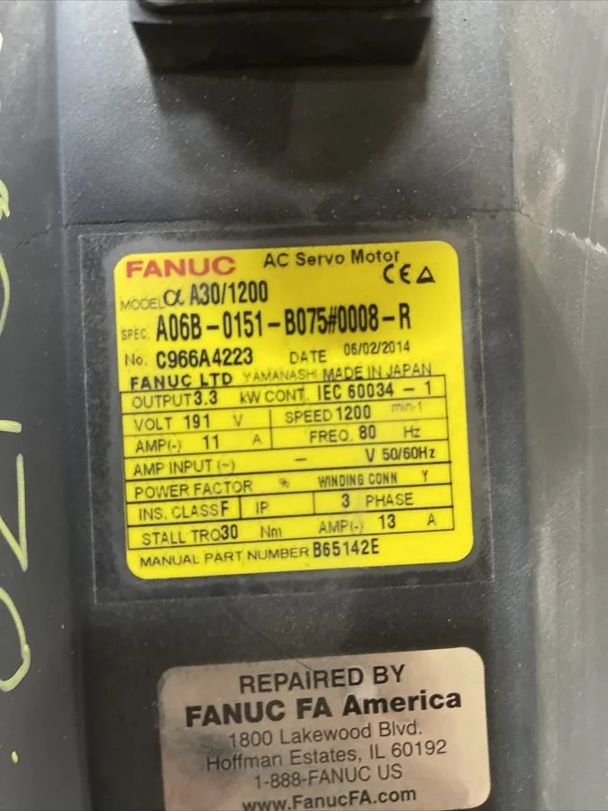 Серводвигатель GE FANUC a30/1200 AC SERVO MOTOR A06B-0151-B075#7008. 3.3kW, 191V