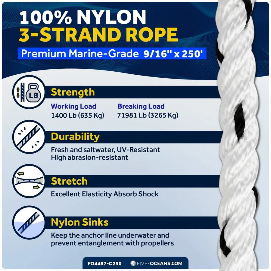 Таль Anchor Line 9/16 inch x 250 ft Rope Line 3-Strand White Thimble & Shackle