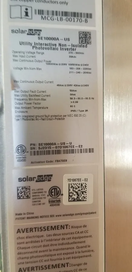 Инвертор SolarEdge SE10000A-US Inverter, Grid Tie, 10Kw, Under