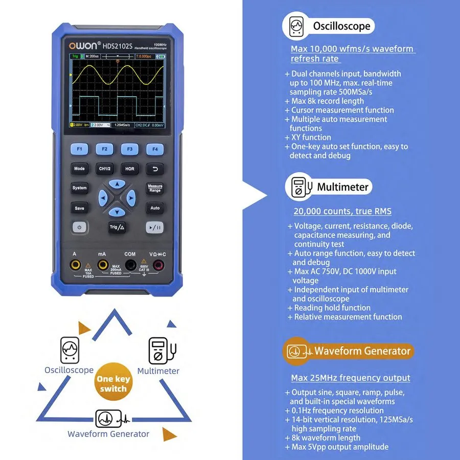 Осциллограф 4- HDS2102S 3 In 1 Handheld Digital Oscilloscope Multimeter Waveform — фото лота 1