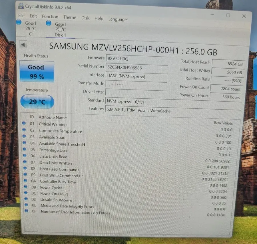 SSD-накопитель Samsung PM951 256GB NVMe M.2 2280 SSD MZFLV256HCHP 99% Health — фото лота 2