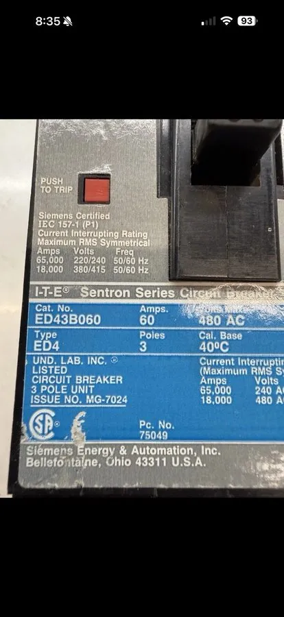 Автоматический выключатель Siemens ED43B060 Sentron Series Circuit Breaker 60A 3 — фото лота 1