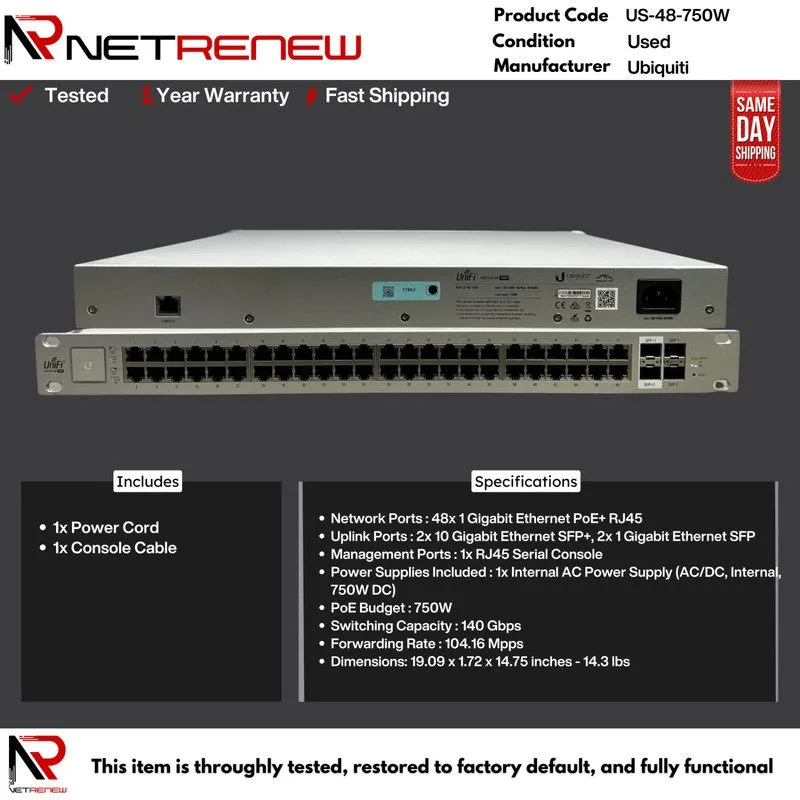 Коммутатор Ubiquiti UniFi US-48-750W 48-Port Gigabit PoE+ Managed Switch 750W 4x